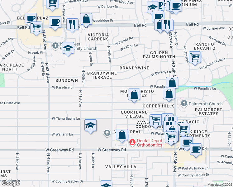 map of restaurants, bars, coffee shops, grocery stores, and more near 3845 West Paradise Lane in Phoenix