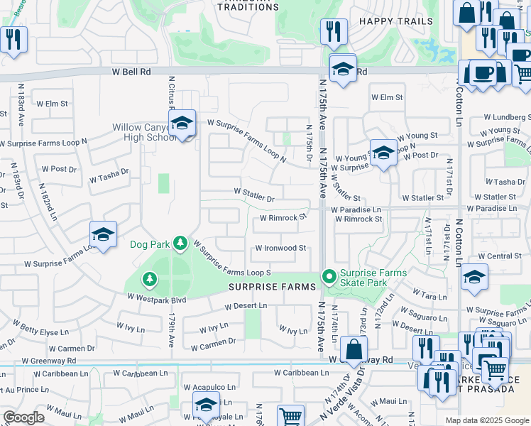 map of restaurants, bars, coffee shops, grocery stores, and more near 17642 West Rimrock Street in Surprise