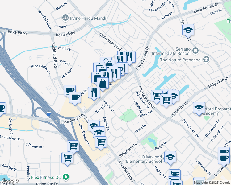 map of restaurants, bars, coffee shops, grocery stores, and more near 22782 Nolan Street in Lake Forest