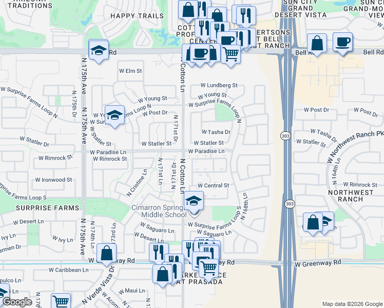 map of restaurants, bars, coffee shops, grocery stores, and more near 17066 West Rimrock Street in Surprise