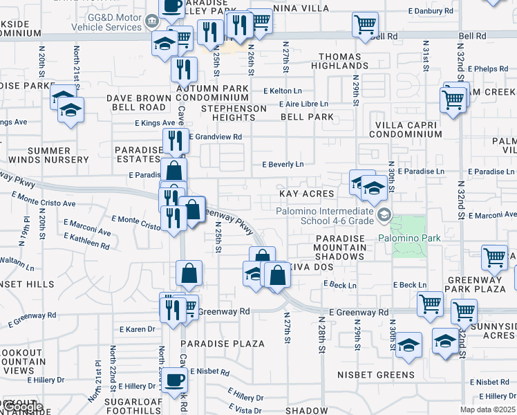 map of restaurants, bars, coffee shops, grocery stores, and more near 2607 East Monte Cristo Avenue in Phoenix