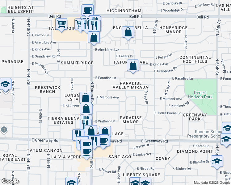 map of restaurants, bars, coffee shops, grocery stores, and more near 4906 East Marconi Avenue in Scottsdale