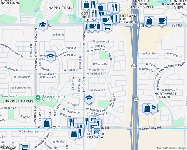 map of restaurants, bars, coffee shops, grocery stores, and more near 17022 West Rimrock Street in Surprise