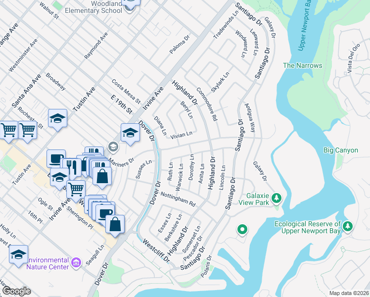 map of restaurants, bars, coffee shops, grocery stores, and more near 1400 Estelle Lane in Newport Beach