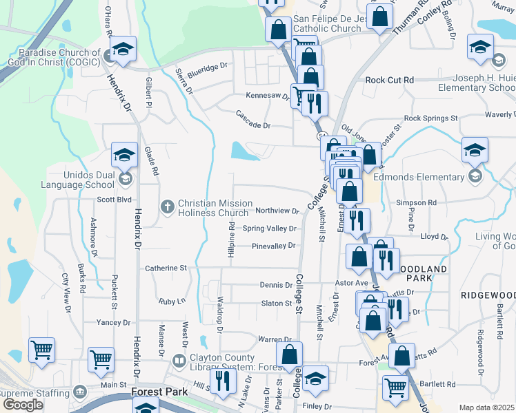 map of restaurants, bars, coffee shops, grocery stores, and more near 810 Northview Drive in Forest Park