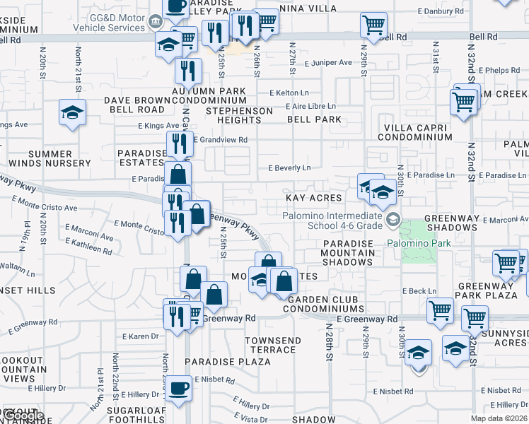 map of restaurants, bars, coffee shops, grocery stores, and more near 2607 East Monte Cristo Avenue in Phoenix