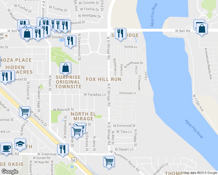 map of restaurants, bars, coffee shops, grocery stores, and more near 16200 North Fox Hill Drive in Surprise