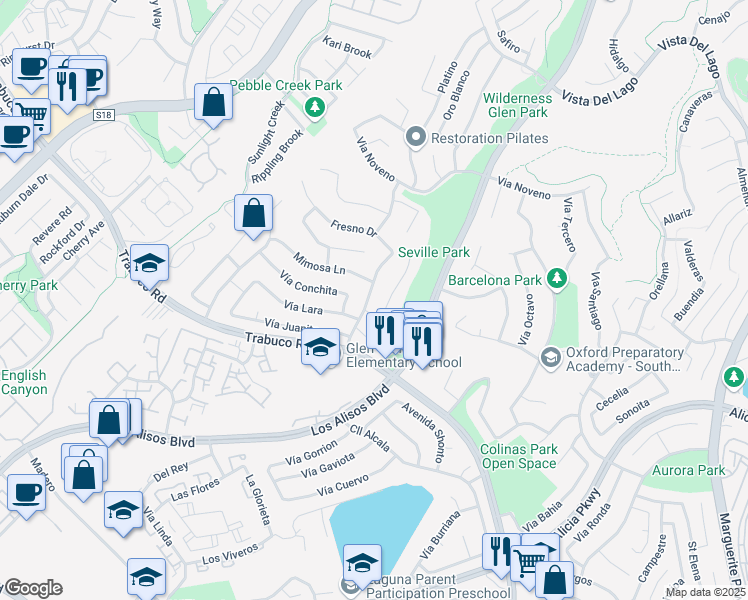 map of restaurants, bars, coffee shops, grocery stores, and more near 22782 Modesto Drive in Mission Viejo