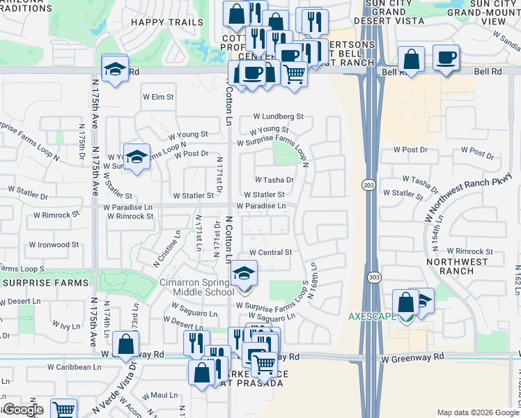 map of restaurants, bars, coffee shops, grocery stores, and more near 17022 West Rimrock Street in Surprise