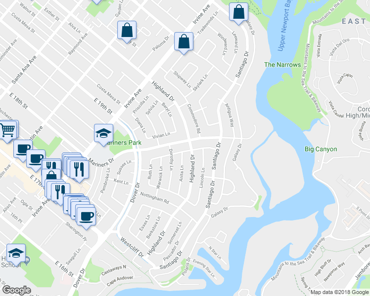 map of restaurants, bars, coffee shops, grocery stores, and more near 1306 Estelle Lane in Newport Beach