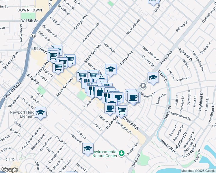 map of restaurants, bars, coffee shops, grocery stores, and more near 410 Cabrillo Street in Costa Mesa