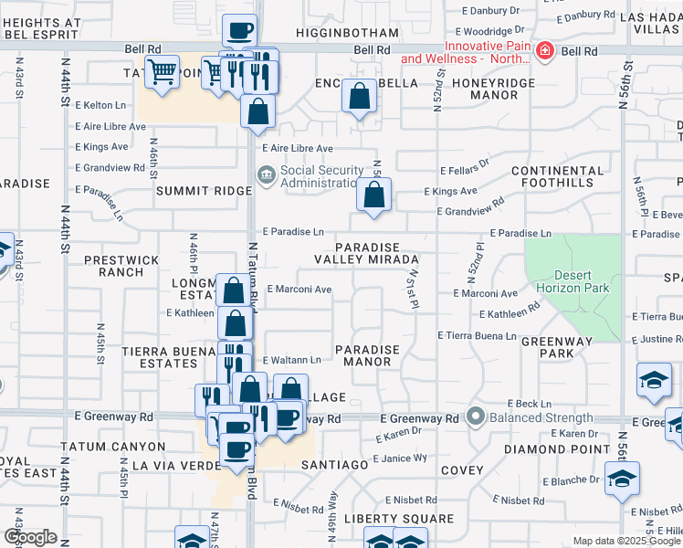 map of restaurants, bars, coffee shops, grocery stores, and more near 4941 East Monte Cristo Avenue in Scottsdale
