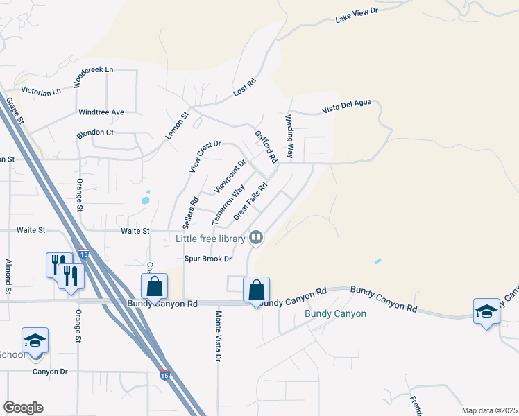 map of restaurants, bars, coffee shops, grocery stores, and more near 33677 Breckenridge Trail in Wildomar