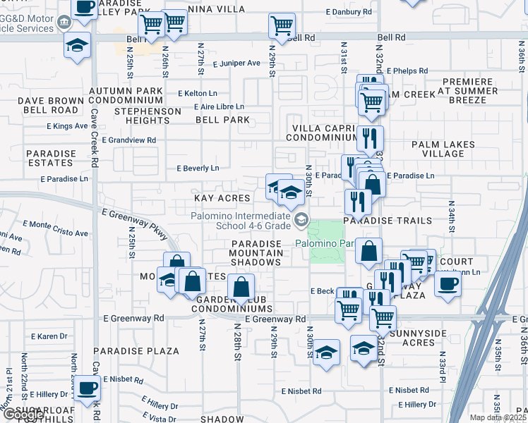 map of restaurants, bars, coffee shops, grocery stores, and more near 2844 East Marconi Avenue in Phoenix