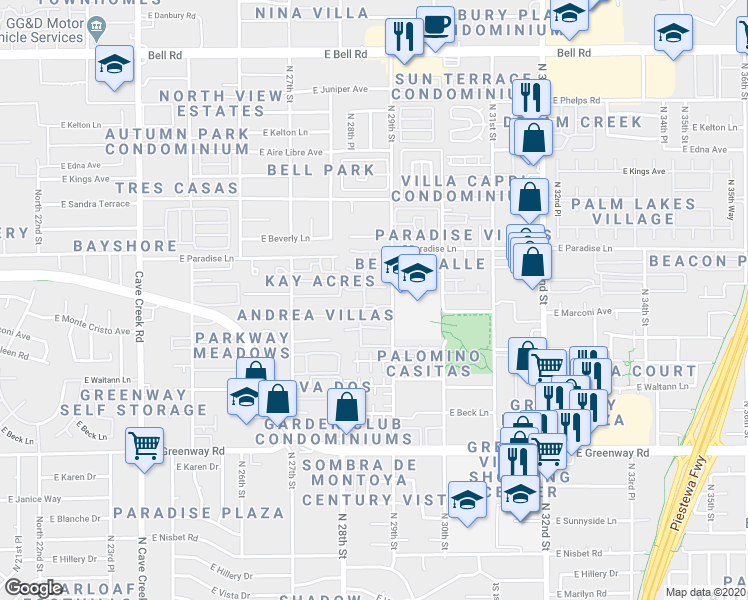 map of restaurants, bars, coffee shops, grocery stores, and more near 2844 East Marconi Avenue in Phoenix