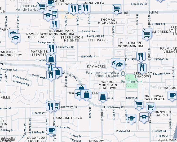 map of restaurants, bars, coffee shops, grocery stores, and more near 16006 North 27th Street in Phoenix