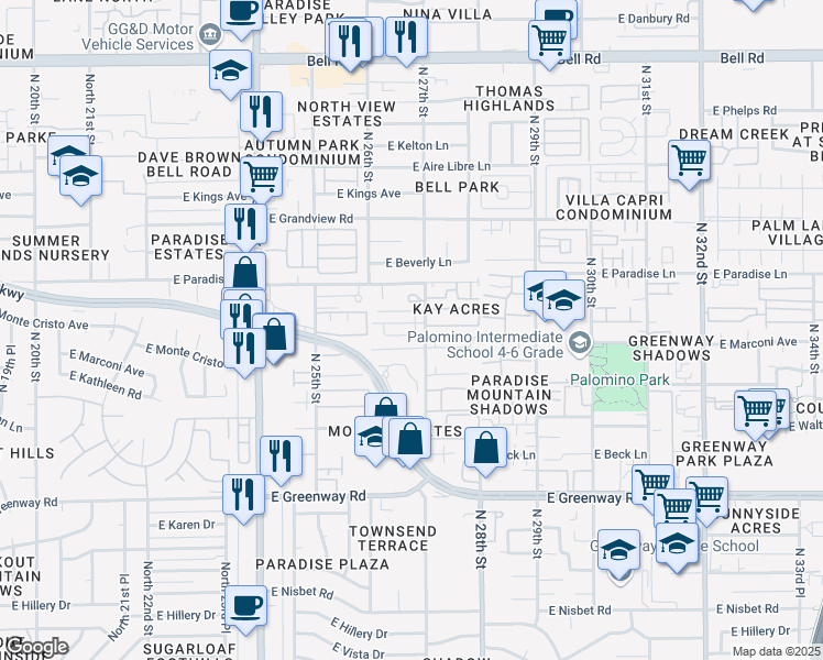 map of restaurants, bars, coffee shops, grocery stores, and more near 16006 North 27th Street in Phoenix