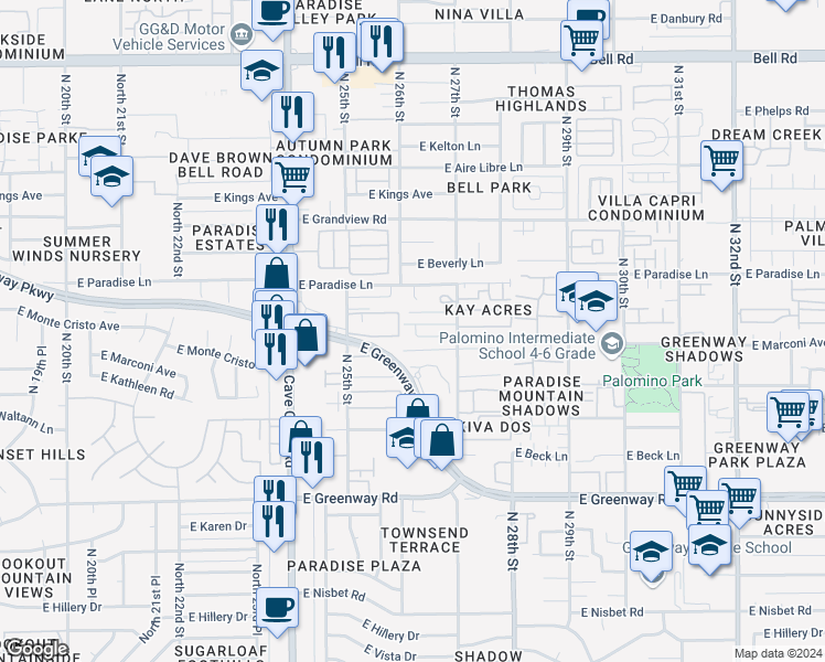 map of restaurants, bars, coffee shops, grocery stores, and more near 2607 East Monte Cristo Avenue in Phoenix