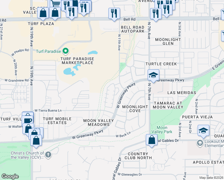 map of restaurants, bars, coffee shops, grocery stores, and more near 16036 North 11th Avenue in Phoenix