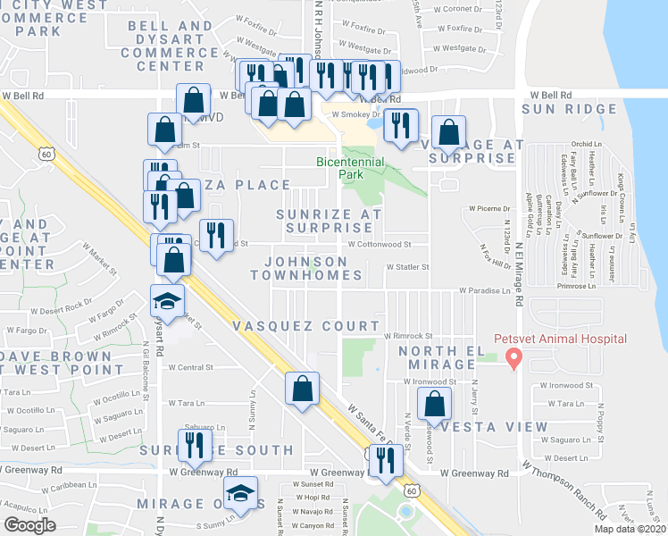 map of restaurants, bars, coffee shops, grocery stores, and more near 12707 West Tasha Drive in Surprise
