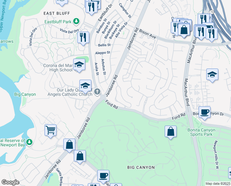 map of restaurants, bars, coffee shops, grocery stores, and more near 41 Northampton Court in Newport Beach