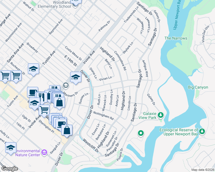 map of restaurants, bars, coffee shops, grocery stores, and more near 1400 Estelle Lane in Newport Beach