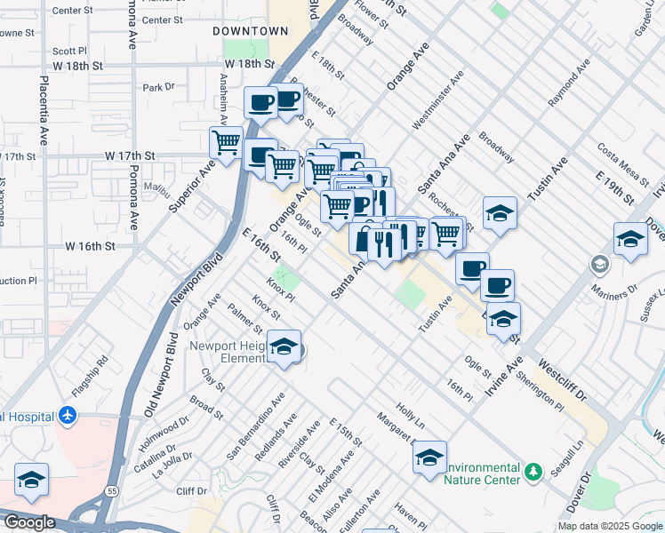 map of restaurants, bars, coffee shops, grocery stores, and more near 280 16th Place in Costa Mesa