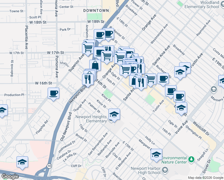 map of restaurants, bars, coffee shops, grocery stores, and more near 248 East 16th Street in Costa Mesa
