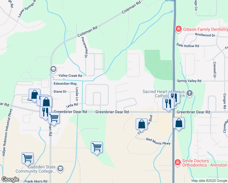 map of restaurants, bars, coffee shops, grocery stores, and more near 1302 Primrose Place in Anniston