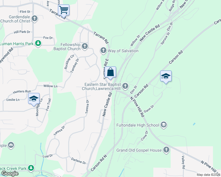 map of restaurants, bars, coffee shops, grocery stores, and more near 3125 New Castle Road in Birmingham