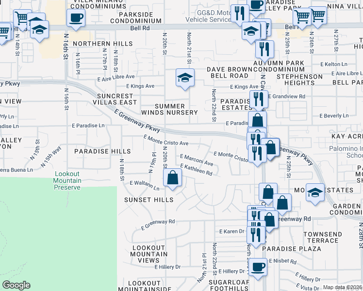 map of restaurants, bars, coffee shops, grocery stores, and more near 2031 East Monte Cristo Avenue in Phoenix