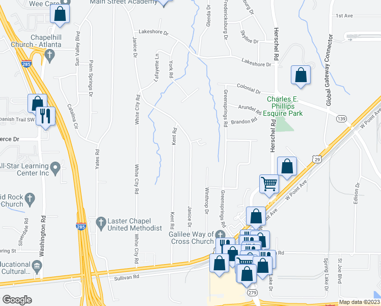 map of restaurants, bars, coffee shops, grocery stores, and more near 4555 Janice Drive in Atlanta