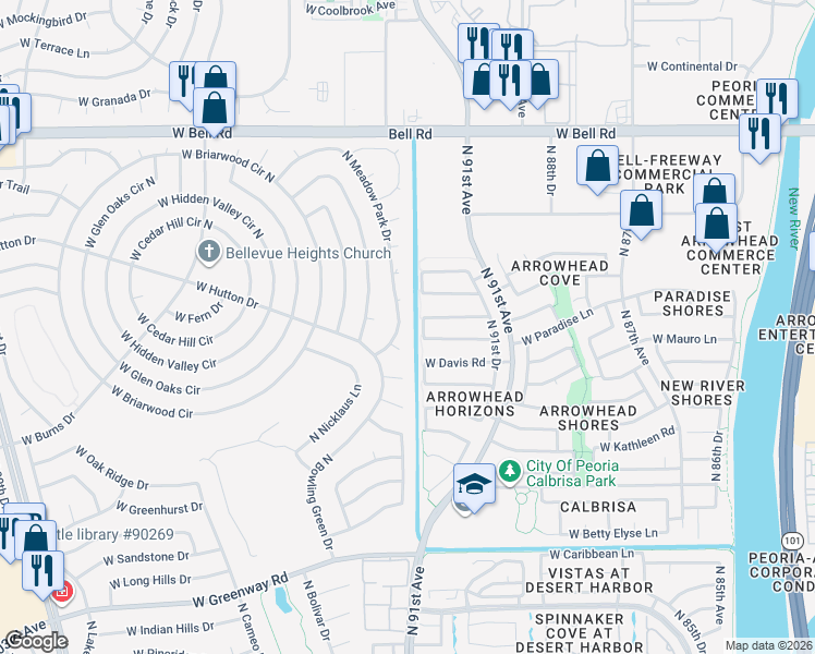 map of restaurants, bars, coffee shops, grocery stores, and more near 16205 North Meadow Park Drive in Sun City
