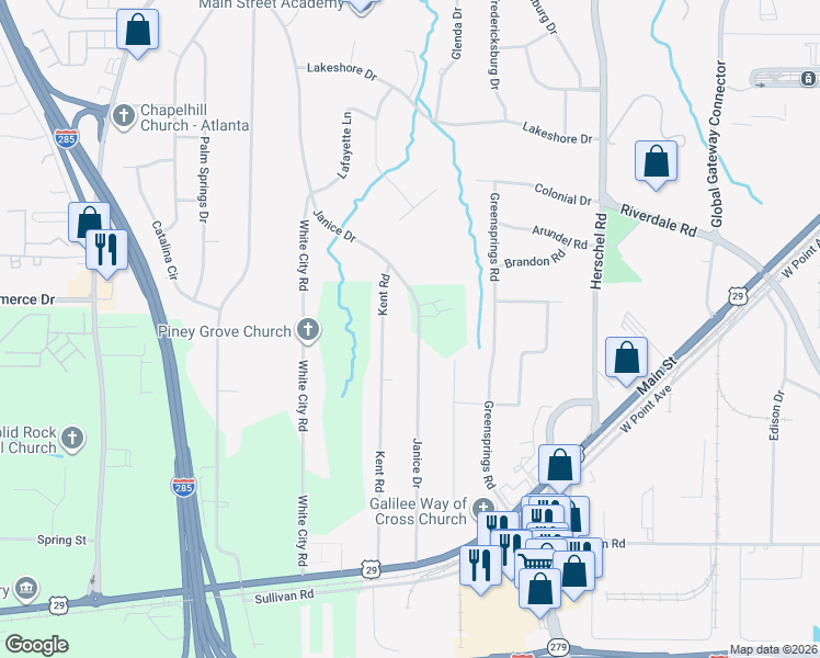map of restaurants, bars, coffee shops, grocery stores, and more near 4573 Janice Drive in Atlanta