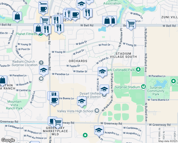map of restaurants, bars, coffee shops, grocery stores, and more near 15207 West Statler Street in Surprise