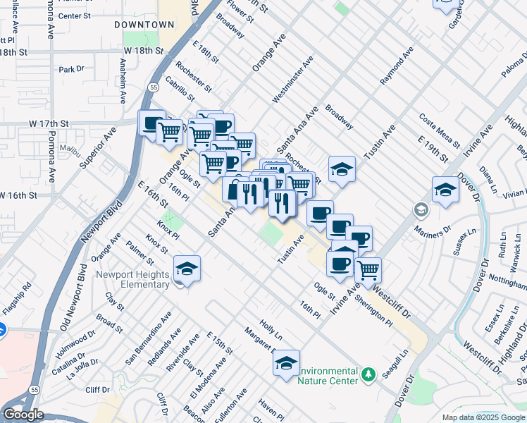 map of restaurants, bars, coffee shops, grocery stores, and more near 333 East 17th Street in Costa Mesa