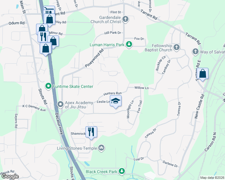 map of restaurants, bars, coffee shops, grocery stores, and more near 3034 Hunters Run in Gardendale