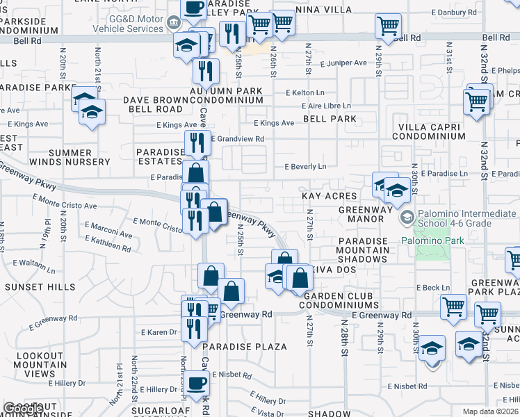 map of restaurants, bars, coffee shops, grocery stores, and more near 16001 North 25th Street in Phoenix