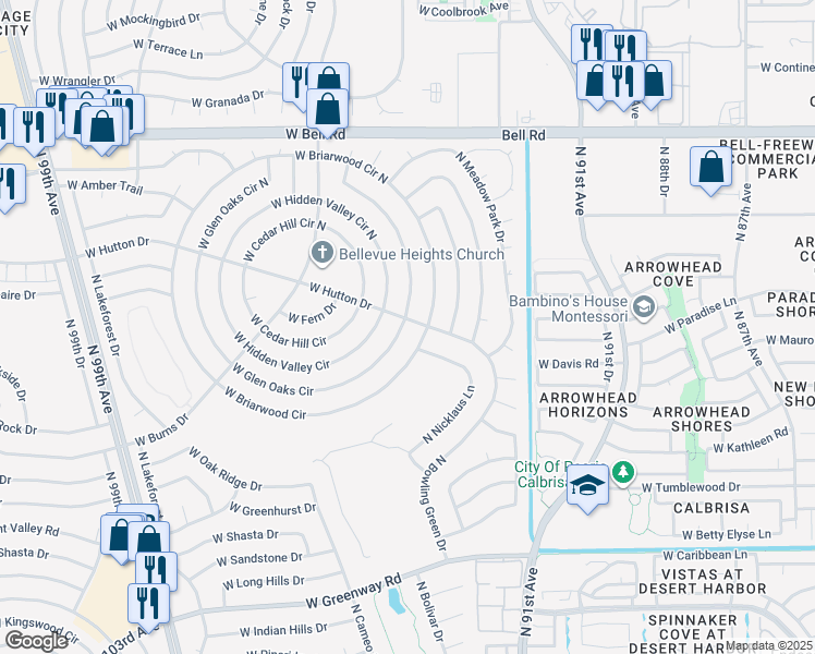 map of restaurants, bars, coffee shops, grocery stores, and more near 9301 West Glen Oaks Circle in Sun City