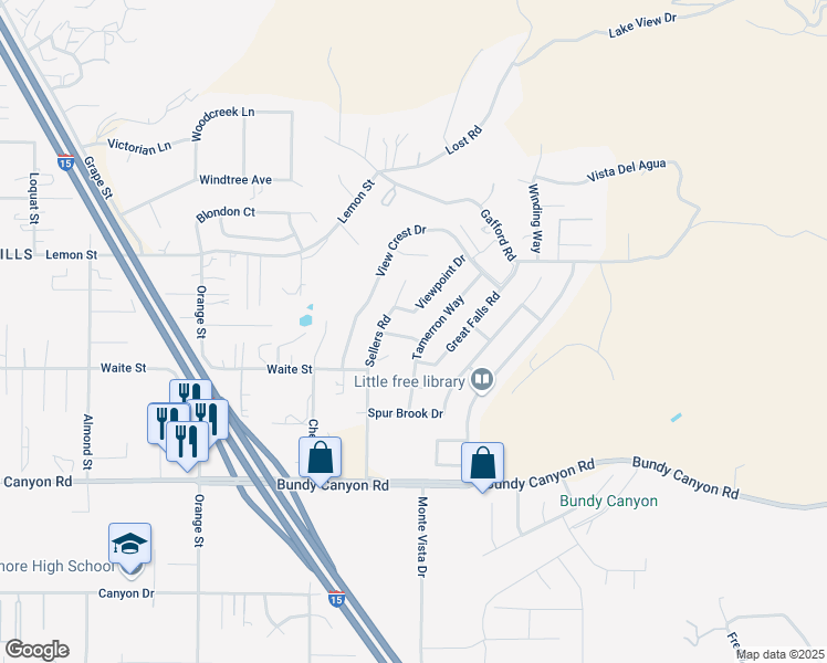 map of restaurants, bars, coffee shops, grocery stores, and more near 22416 Lakewood Drive in Wildomar