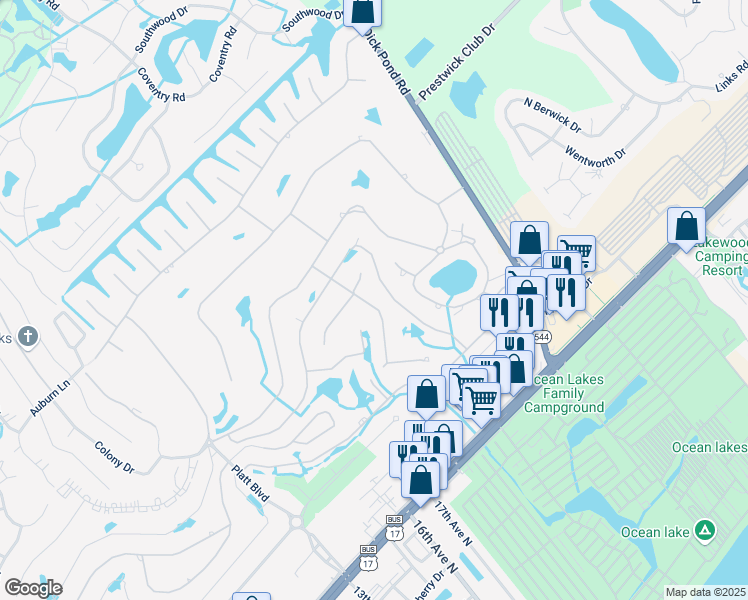 map of restaurants, bars, coffee shops, grocery stores, and more near 1491-C Turkey Ridge Road in Surfside Beach