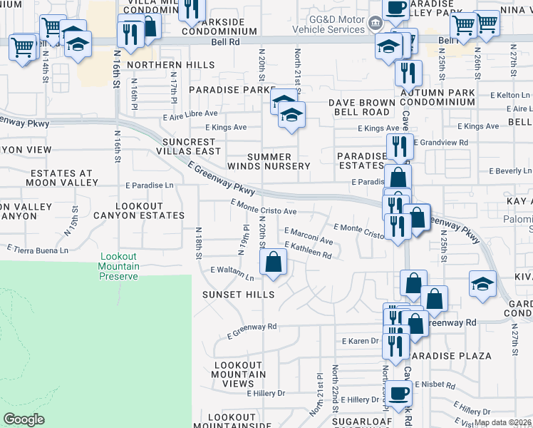 map of restaurants, bars, coffee shops, grocery stores, and more near 15850 North 20th Street in Phoenix