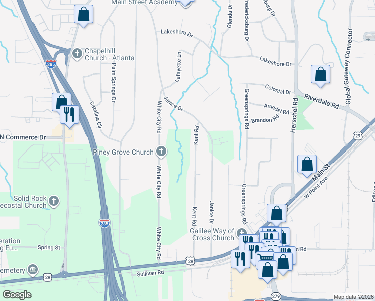 map of restaurants, bars, coffee shops, grocery stores, and more near 4545 Kent Road in College Park