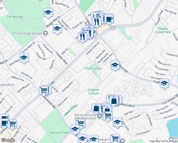 map of restaurants, bars, coffee shops, grocery stores, and more near 22876 Broadleaf in Lake Forest