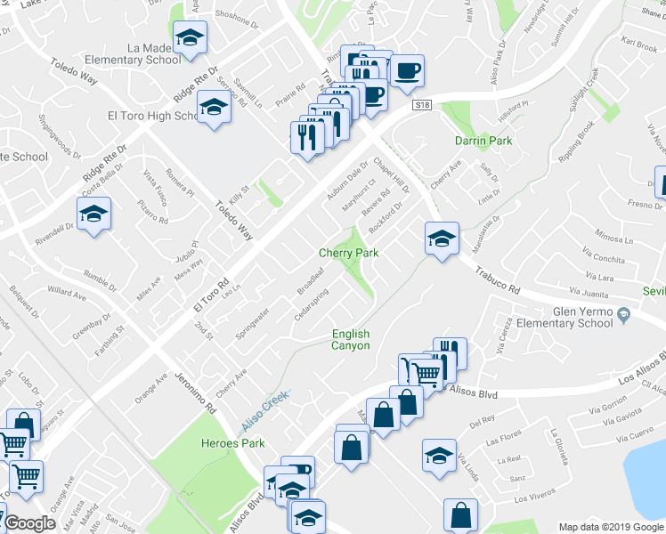 map of restaurants, bars, coffee shops, grocery stores, and more near 22876 Broadleaf in Lake Forest