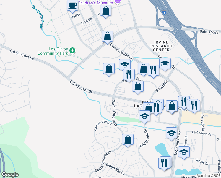 map of restaurants, bars, coffee shops, grocery stores, and more near 460 Goddard in Irvine