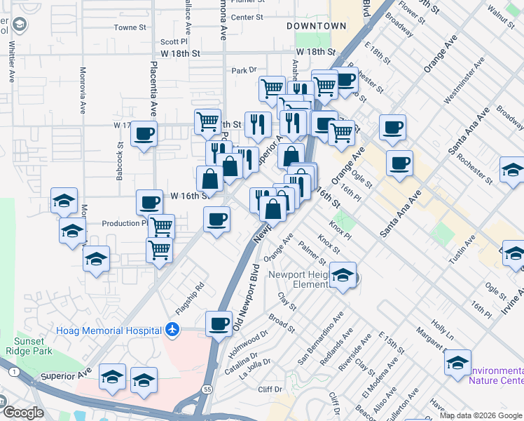 map of restaurants, bars, coffee shops, grocery stores, and more near 143 Tribeca Way in Costa Mesa