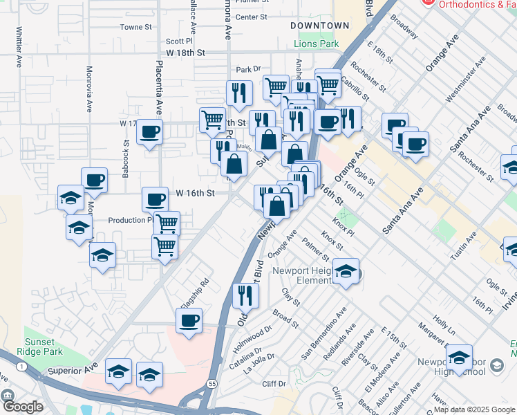 map of restaurants, bars, coffee shops, grocery stores, and more near 133 Mercer Way in Costa Mesa