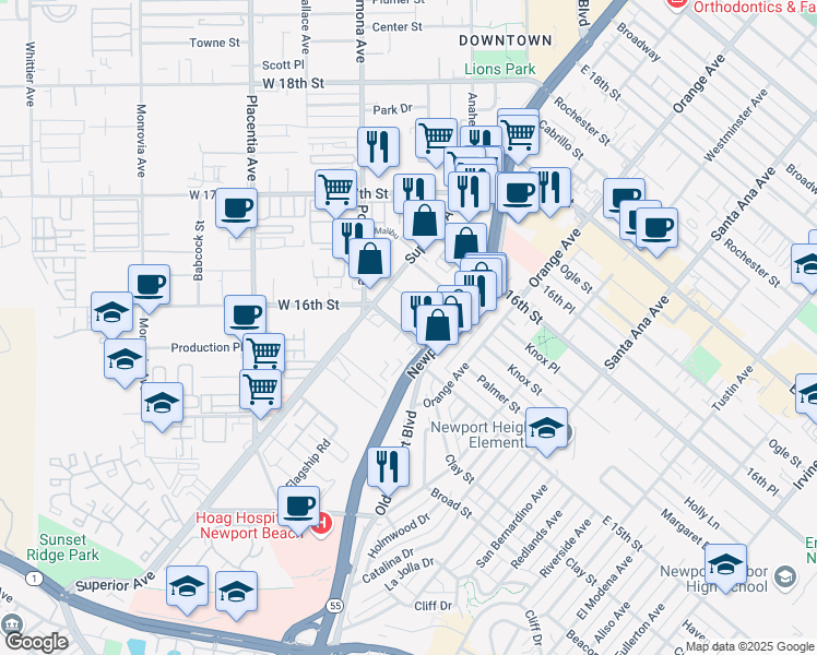 map of restaurants, bars, coffee shops, grocery stores, and more near 133 Mercer Way in Costa Mesa