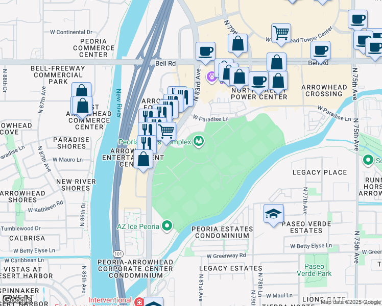 map of restaurants, bars, coffee shops, grocery stores, and more near 8213 West Stadium Way in Peoria